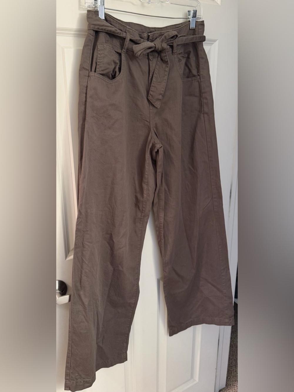 OAT 100% Cotton Wide Leg Full Length Pant w/ Tie Belt Closure, Khaki/Olive, 28 - Picture 3 of 11